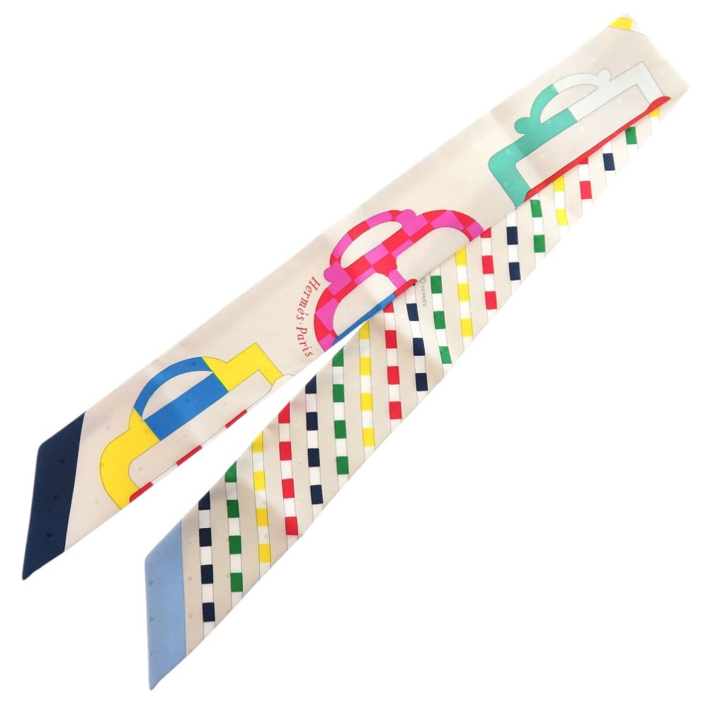 美品 ツイリー Bouclerie Moderne モダンなバックル スカーフ シルク クレ 0172【中古】 レディース