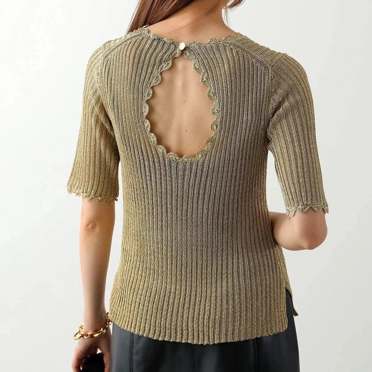 GANNI ガニー ニットブラウス Metallic Open Back Blouse K1889 2558 レディース メタリック バックオープン スカラップ