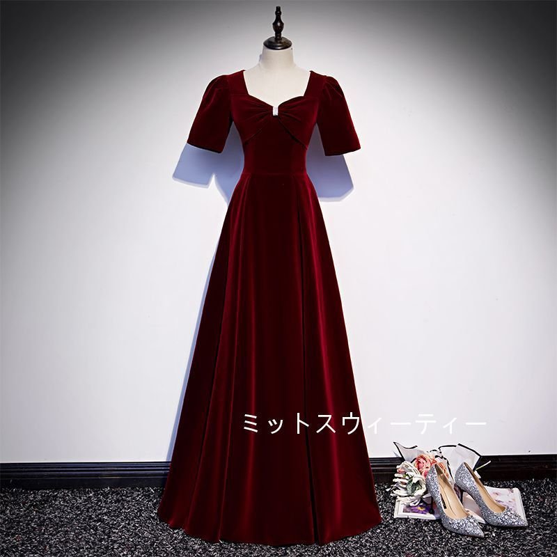 Ａラインドレス 半袖 ロング カラードレス 安い パーティードレス 演奏会 結婚式 イブニングドレス