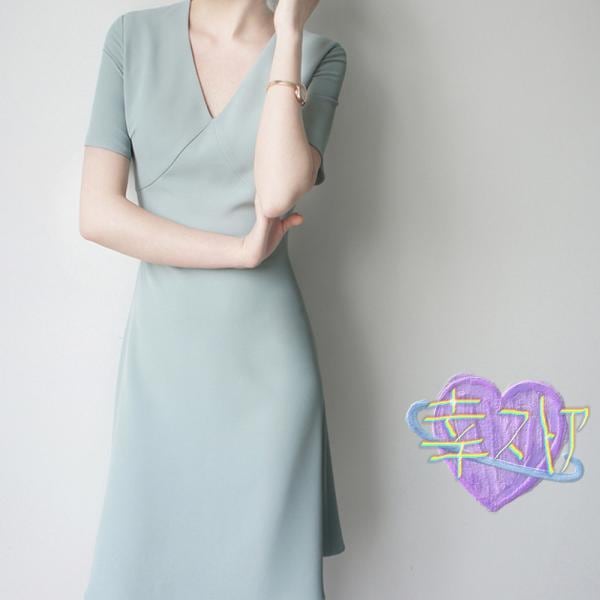 ワンピース 夏 半袖 Ｖネック ひざ丈 レディース ハイウエスト 膝丈キレイめ 無地 フェミニン ビジネス オフィス OL おしゃれ 通勤 発表会 音楽会 演奏会