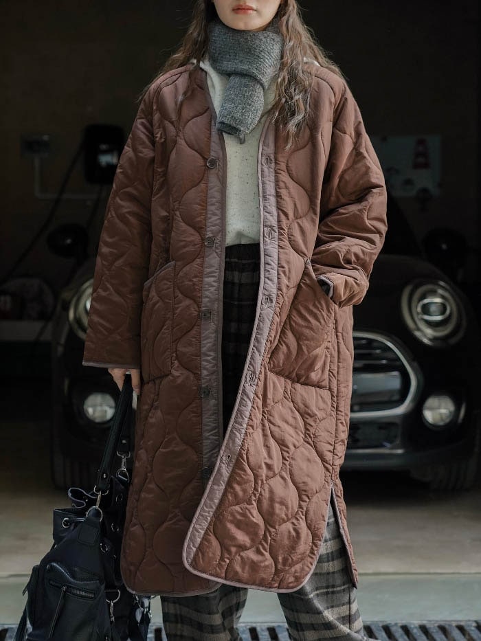 キルティング コート レディース 秋 冬 キルティングコート 中綿 アウター ノーカラー トレンチコート ロングコート ジャケット ふんわり スッキリ 大きいサイズ 大人 ゆったり シンプル