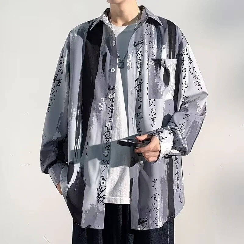 2024初春ハイエンドレトロ中国風水墨画長袖シャツメンズデザインニッチシックトップス