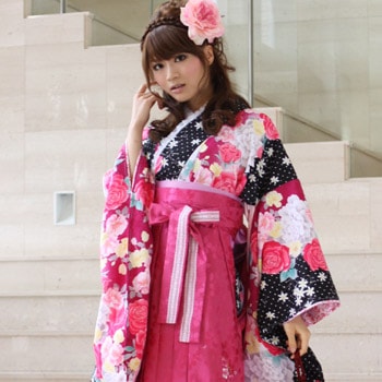 レンタル卒業式 袴 レンタル 女 袴セット 女 卒業式袴セット2尺袖着物＆袴 フルセットレンタル黒地に白ドットとピンクバラと白牡丹黒