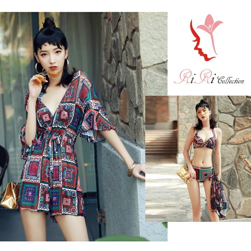 新作 3点セット 水着 上品 ワンピース ビスチェ パレオ バンドゥ フリル タンキニ 大きいサイズ S-XL 体型カーバー ホルターネックワイヤー入りビキニ 海 旅行 新婚旅行 温泉 海外 リゾート