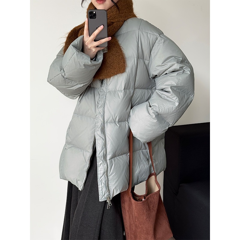 暖かい冬パフ 90 ホワイトダックダウンジャケット韓国チェック柄ラウンドネックミドル丈ダウンジャケットパンジャケットレディース 2325