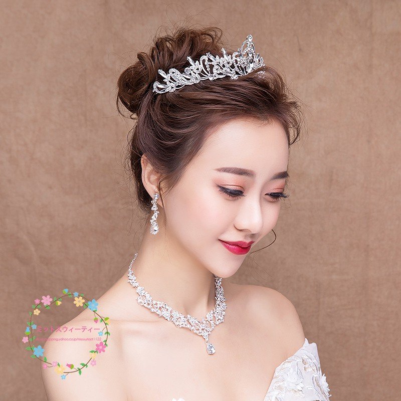 ティアラ 安い クラウン 花嫁 ネックレス イヤリング 3点セット 結婚式 髪飾り パーティー 二次