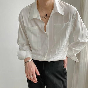 男性用長袖ノーアイロンプリーツシャツ2023春韓国版無地シャツファッション男性かっこいい上着
