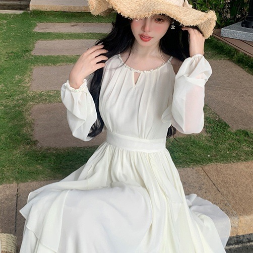 ワンピース ロングワンピース 長袖 ボリューム袖 肩出し ラウンドネック ビジュー ロング丈 シースルー フレア ウエストマーク かわいい 大人可愛い きれいめ シンプル カジュアル 上品 おしゃれ