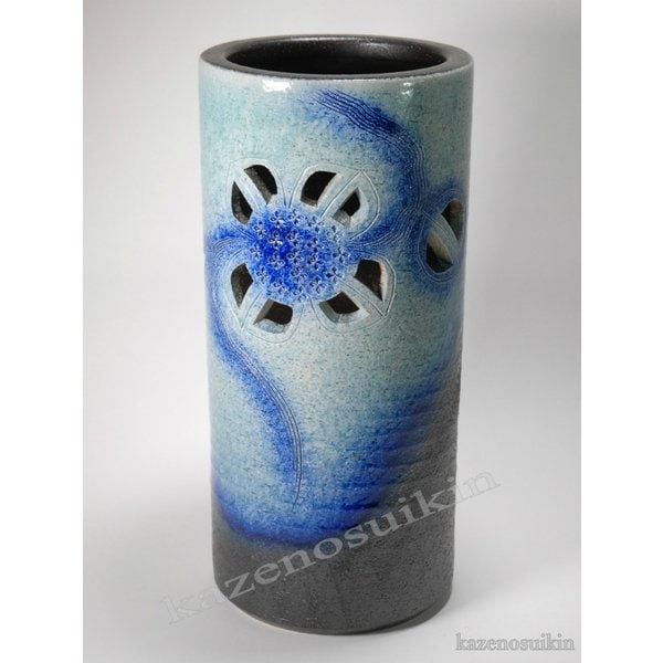 トルコ青あじさい彫傘立　（信楽焼き・陶器・傘立て・梅雨・雨・玄関・収納・B035-05）