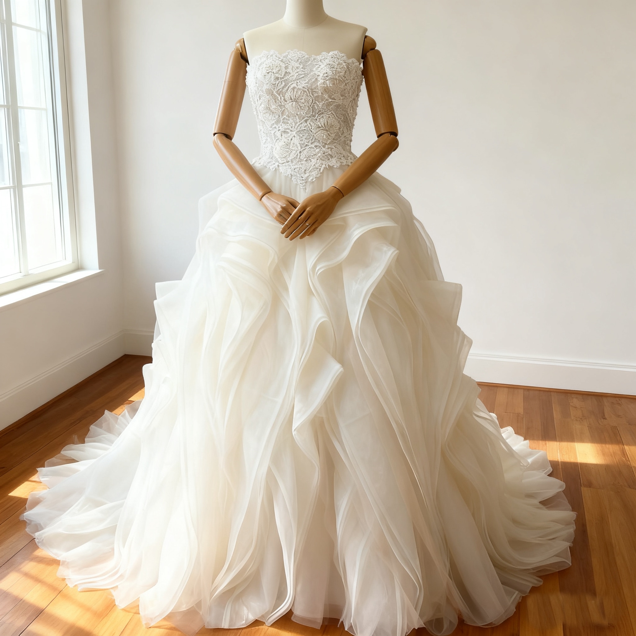 ウエディングドレス オフホワイト 韓国風ドレス ラッフルフリル 繊細なレース ビスチェドレス 結婚式