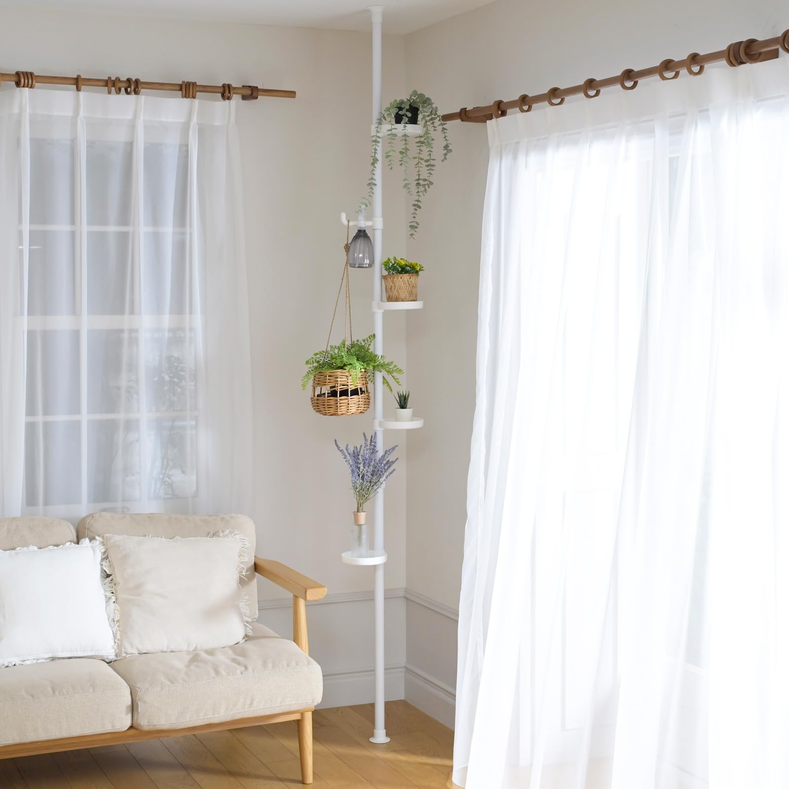 山善(YAMAZEN) 突っ張り ラック ポールハンガー プランタースタンド 設置簡単 (トレー4個・フック1個付き) ワンタッチ突っ張り (実用新案取得済) 幅30×奥行30×高さ190-260cm