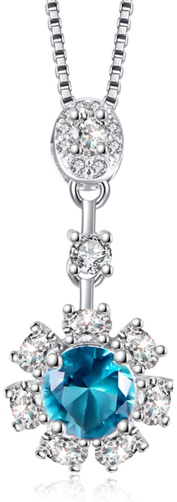 LUCKY太陽の花 レディース 925 シルバー ネックレス ペンダント プレゼント 誕生日 人工石 ロンドンブルートパーズ 誕生石 40+5cm チェーン (ブルー)