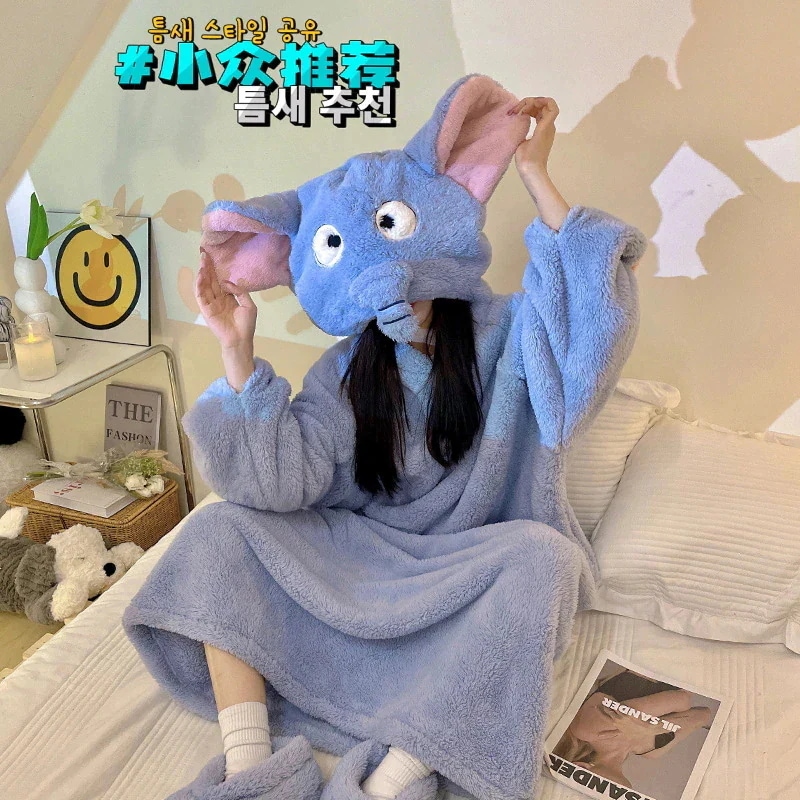 部屋着 パジャマ 　ホームウェア 　 裏起毛　 厚手 　フランネル本日 パジャマ レディース 着ぐるみパジャマ キャラクター 可愛い 珊瑚絨毯パジャマ 連体 女装パーティーで象 帽子をかぶって寝る