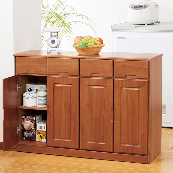 ファミリーライフ 天然木カウンターワゴン 4枚扉 ブラウン(0254610) メーカー直送