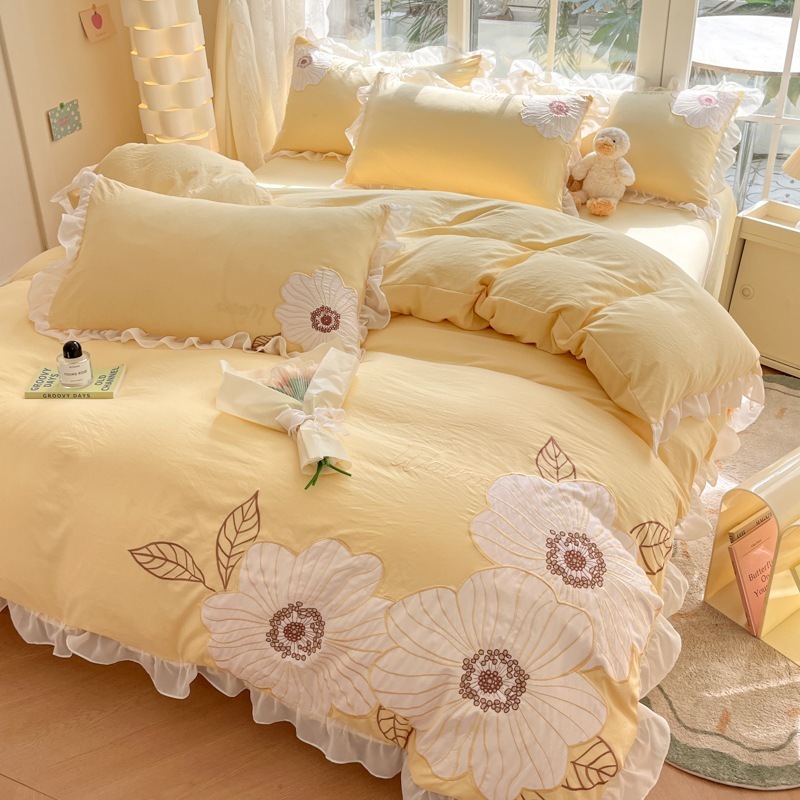 イン プリンセス風 小さなフレッシュレース刺繍 4点セット ウォッシュドコットン ホーム寝具 ドミトリー 3点セット