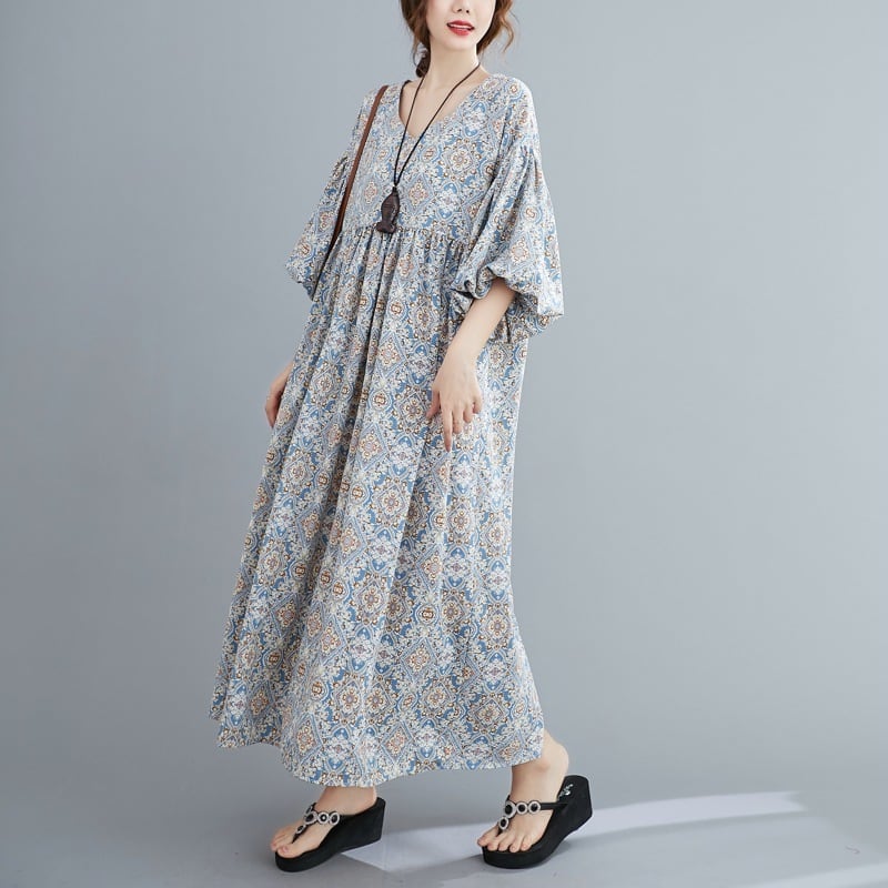 ワンピース 上着 人気 おすすめ おしゃれ お洒落 激安 安い プチプラ 長袖 ロング ラウンドネック マキシスカート 丸首 柄 エスニック ポリエステル プリント オリジナル 韓国 lon