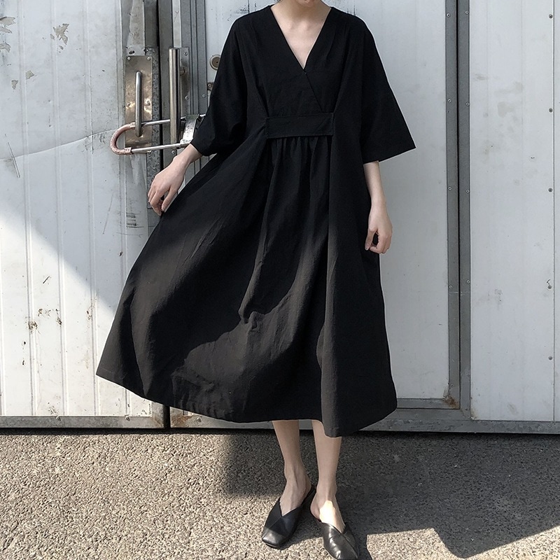 ワンピース ミモレ丈 袖あり 五分袖 Vネック 襟なし ルーズ Aライン プルオーバー 綿 麻 薄手 コットン 大人可愛い きれいめ シンプル カジュアル 大人 上品 お洒落 かっこいい レトロ