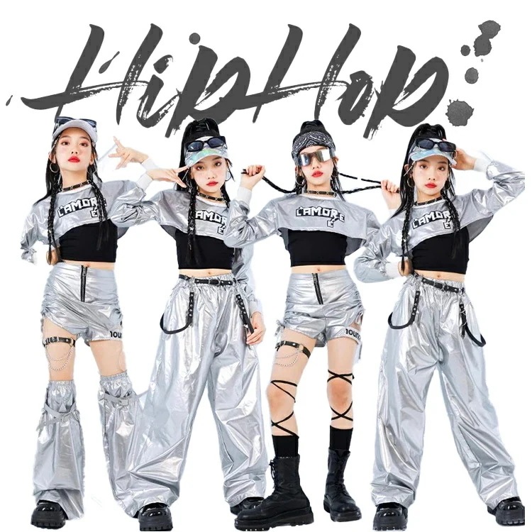ダンス キッズ 女の子 Y2K へそ出し ダンス衣装 シルバー ガールズ 短パンツ 長袖 長パンツ ダンスウェア 発表会 応援団 イベント ジュニア カッコイイ 普段着 jazz オシャレ DANCE