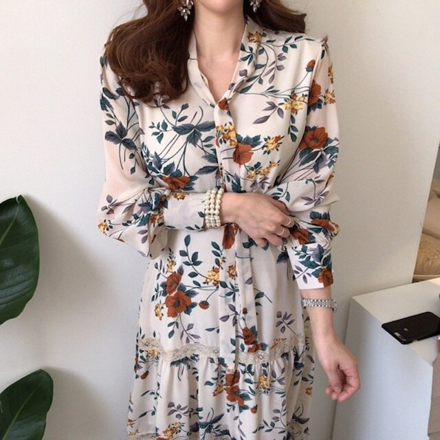 レディース 花柄 ドレス ワンピース ミモレ丈 ロング丈 長袖 シフォン ボウタイ