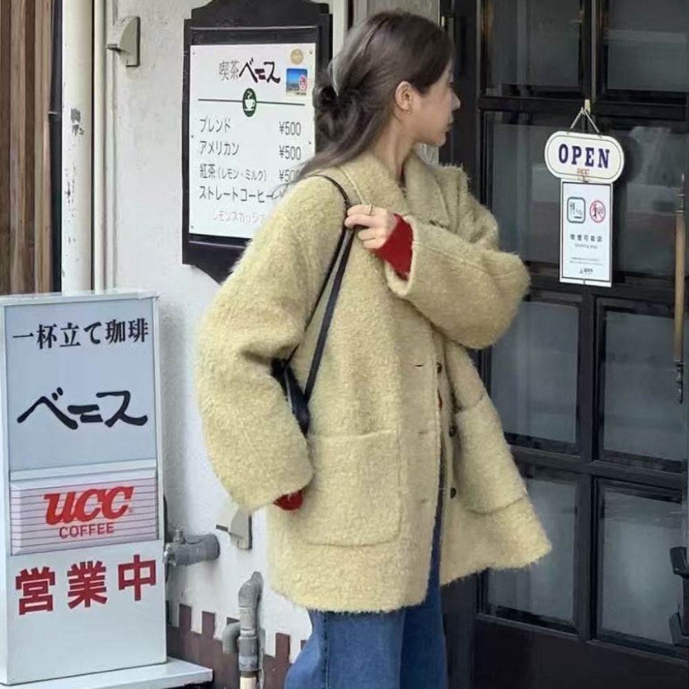冬 襟付きキノコボタンシングルボタン 保温ウールブレンドロングコート レディース フェイクファー