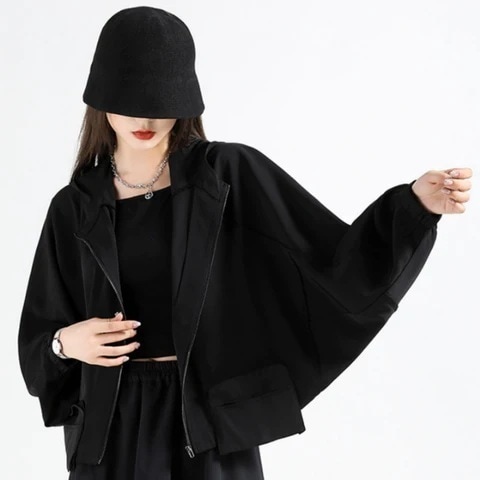 個性 不規則 デザイン ドルマンスリーブジップ ショート丈パーカー 黒 個性パーカー ジップパーカー ダンサー