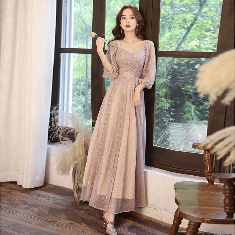 ドレス パーティードレス ワンピース ロング 七分袖 シャンパン ペンタゴンネック オープンショルダー シフォン ラメ 結婚式 二次会 お呼ばれ フォーマル