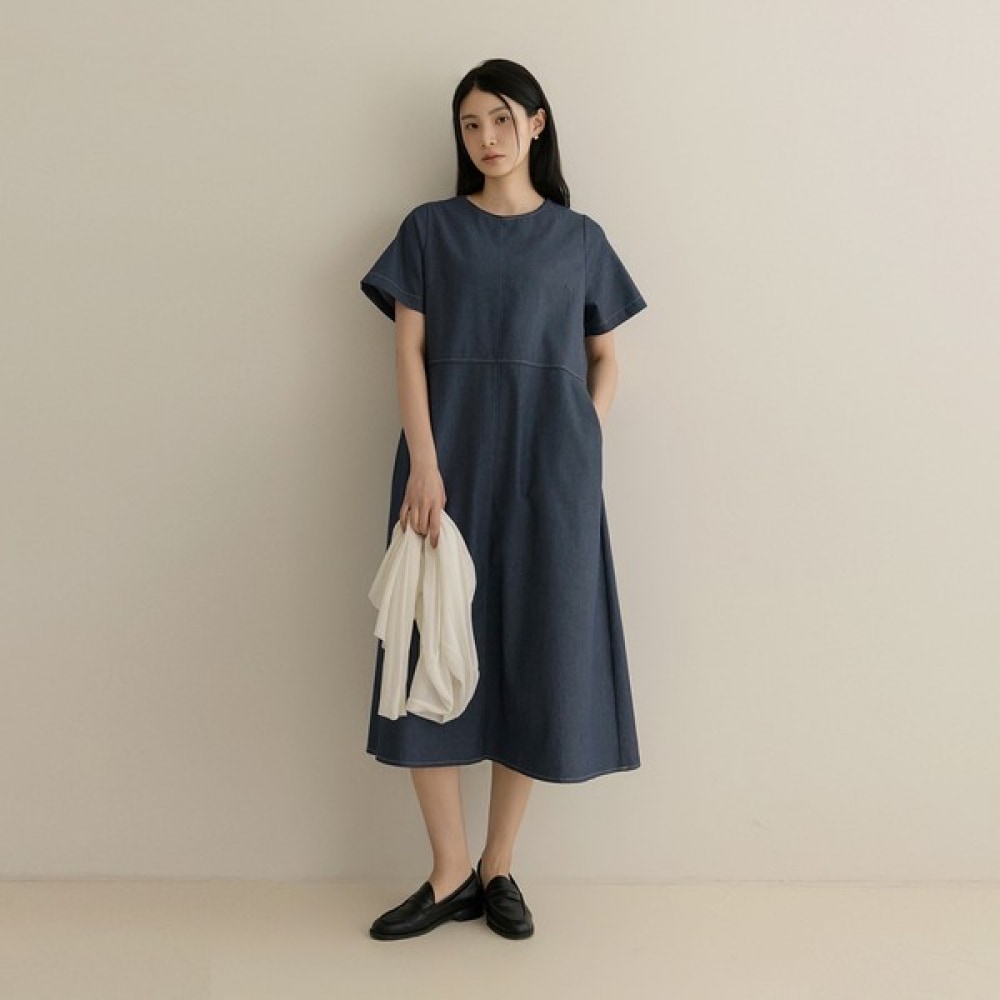 [Elysia] キャンビーデニムラウンドピンタック半袖ワンピース