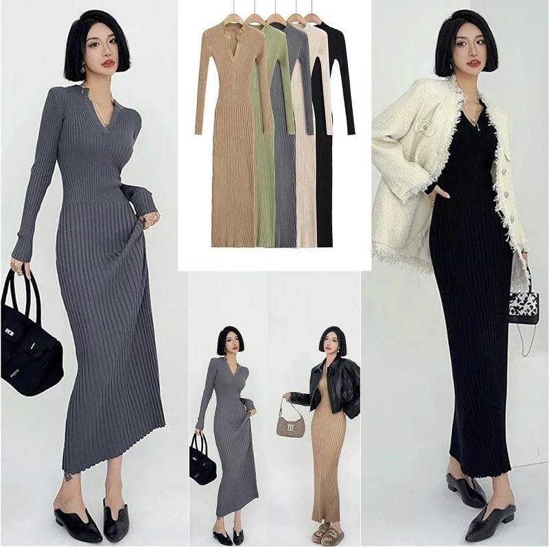 レデイース服ワンピースロングワンピース 気質 着やせ ニットワンピース綺麗 ロングワンピース2025秋新作vネックロングマキシ丈通勤OLS-XL4カラー30%までに制限