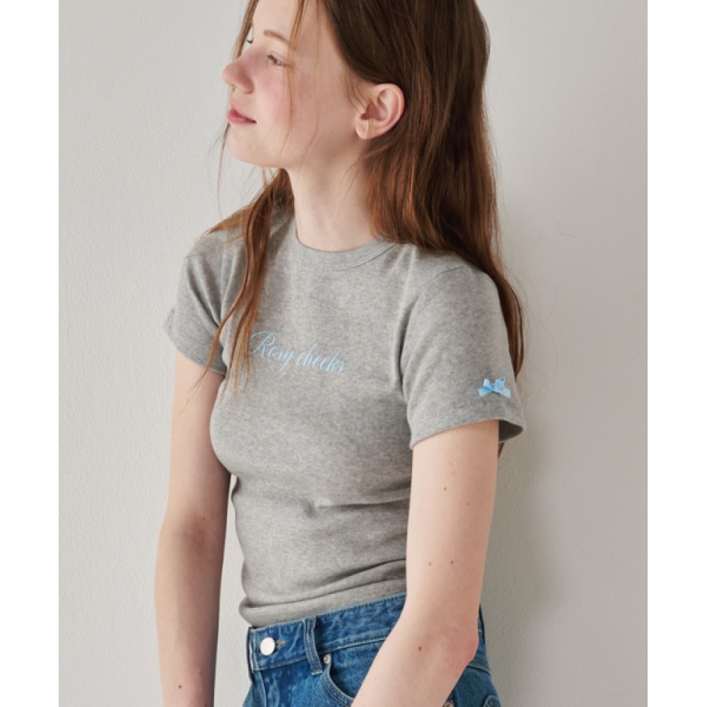 RONRON ローズリボンポイントスリムクロップTシャツメランジグレー