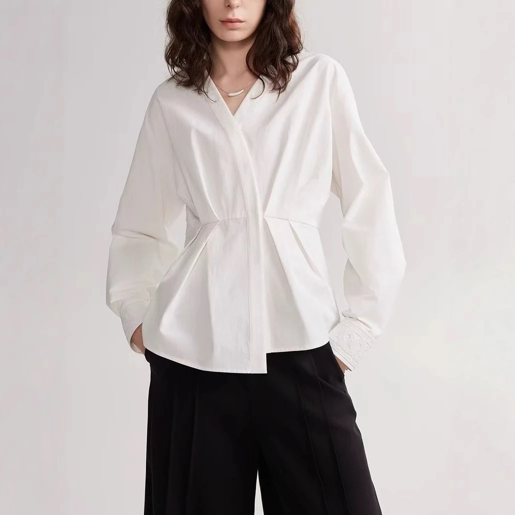 韓国Ｖネック長袖ブラウス着痩せウエスト引き締め 通勤シャツ特集大きいサイズ サテンシャツ シアーシャツ