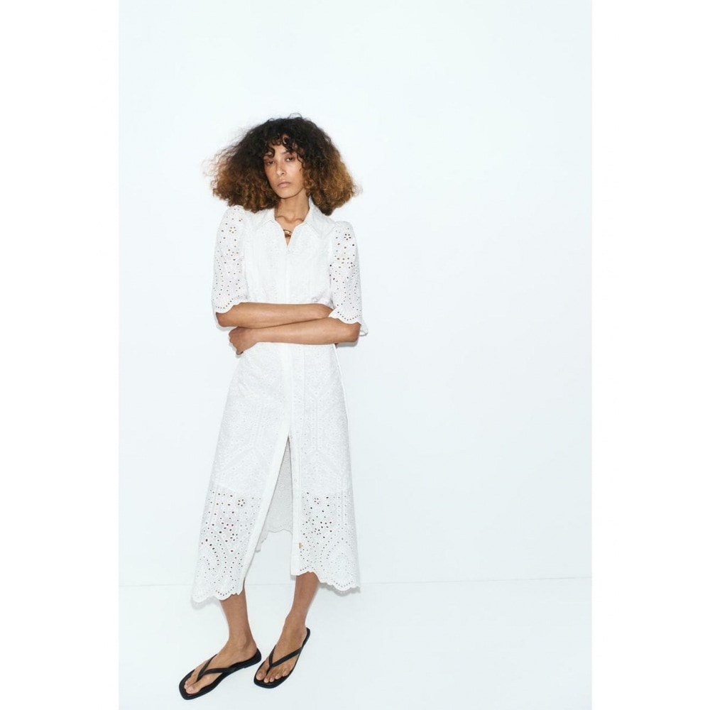 H&M ブロデリーアングレーズシャツドレスホワイト 1358186001