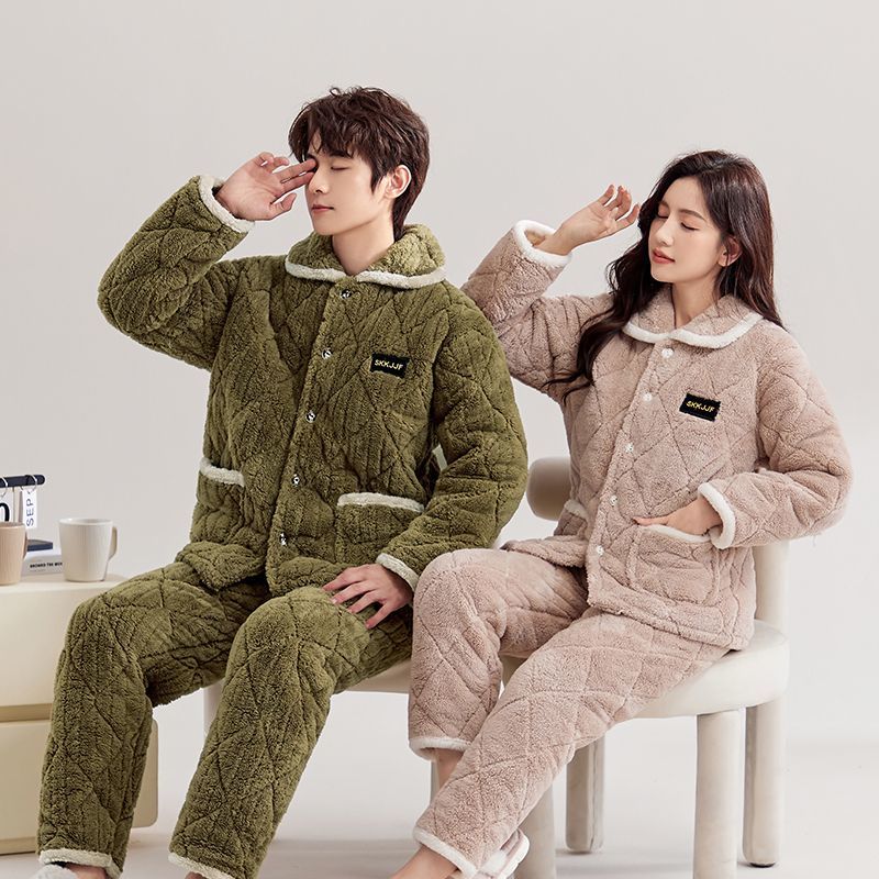 【急速出荷!】パジャマ男女冬フランネル三層厚さ綿を挟んだカップルとベルベットの上着の大きいサイズは家庭服セットを着ることができるパジャマ ウェア もこもこパジャマ パジャマ レディース パジャマ 韓国