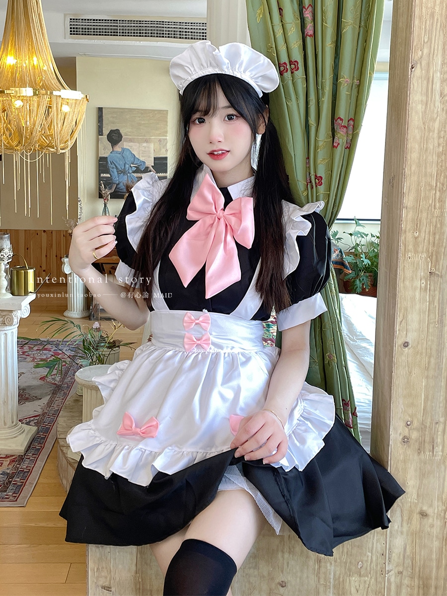Youxinlu白黒メイド服白シルクかわいいロリータリボンドレススーツ