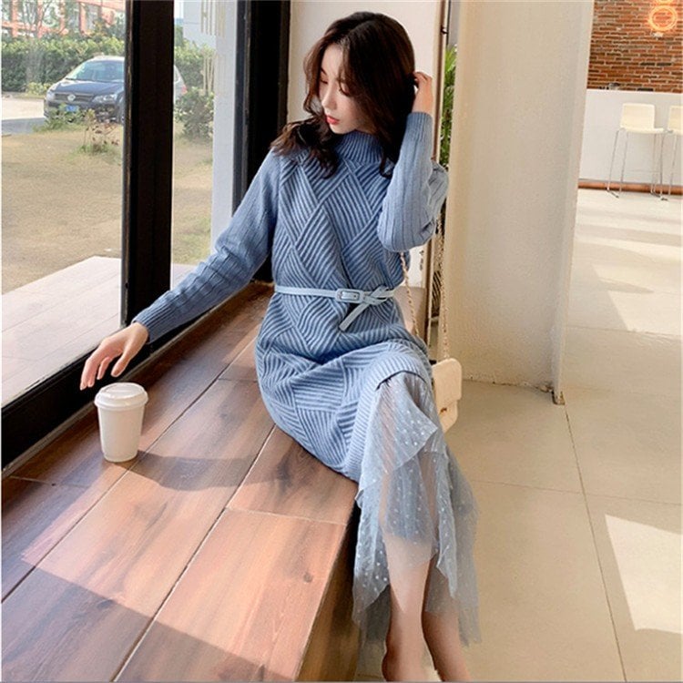 2点セット レディース ニットワンピース ドレス チュールスカート メリヤス スカート セーター 長