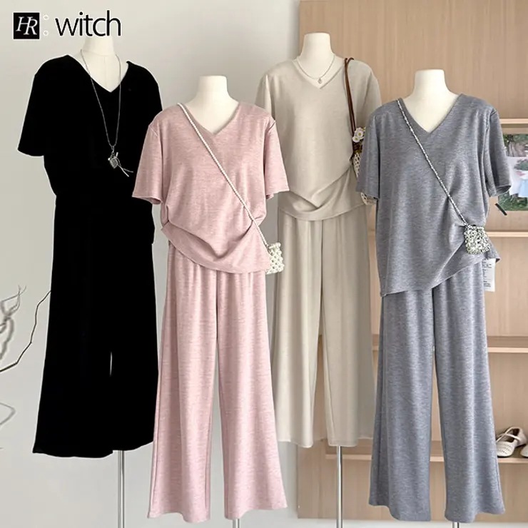 大人シンプル2点セットゆったりとしたVネックトップス+ワイドパンツ