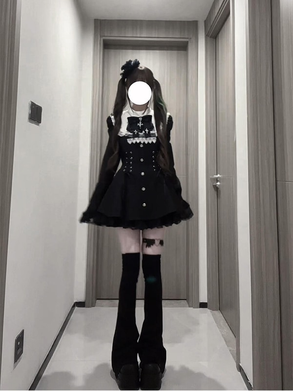 白黒地雷系の量産型レースドレススーツロリータロリータスカートレーススーツ