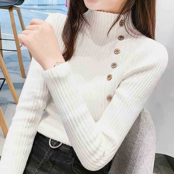 【大好評！最安値挑戦!】ボタンデザイン トップス ニットソー セーター 白トップス 袖あり 長袖 ハイネック タイト シンプル