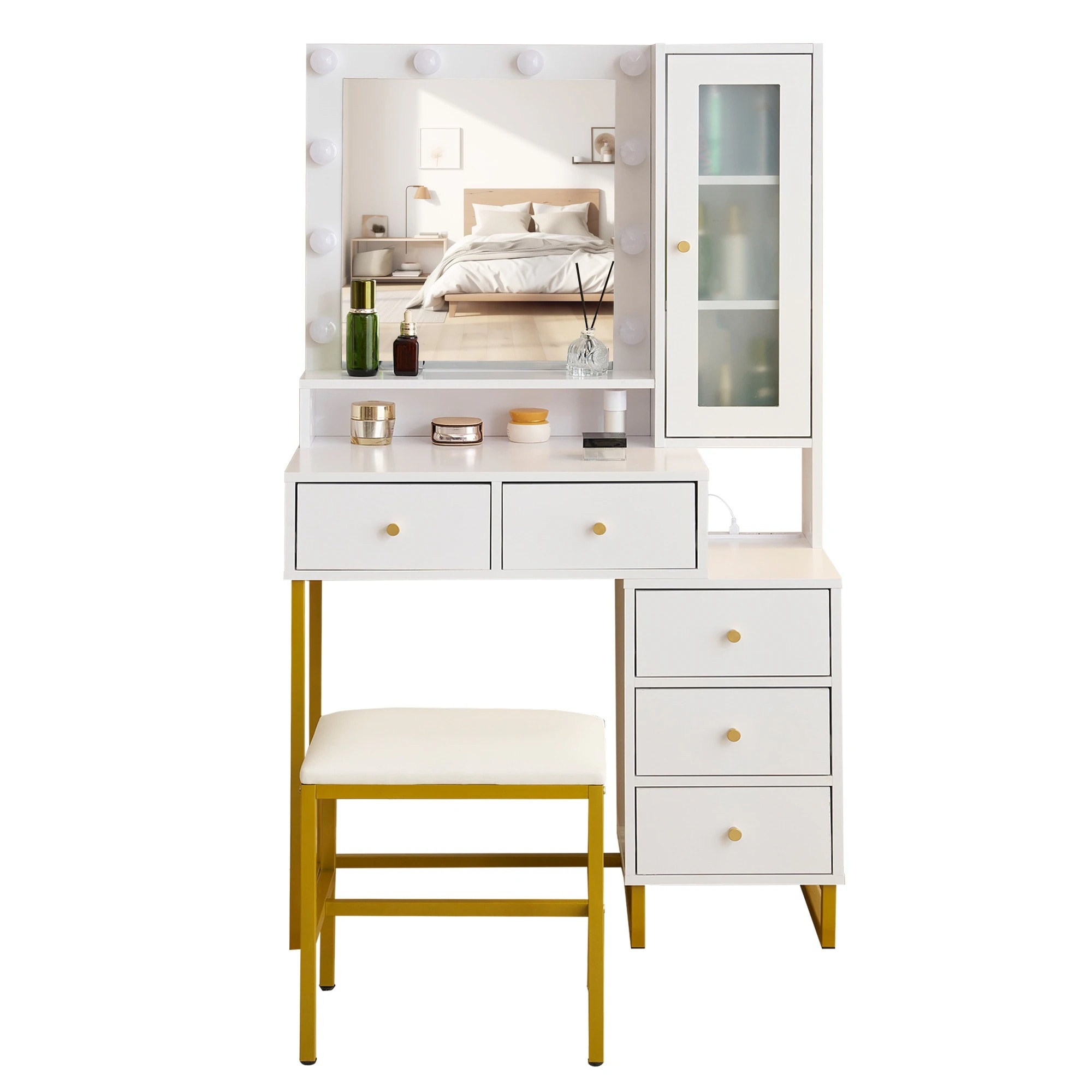 【国内発送】ドレッサー 化粧台 テーブル 鏡台 ライト付き コンセント付き 3色LED 女優ミラー 引き出し 収納 椅子 セット サイド収納 メイク台 シンプル 大容量 可愛い