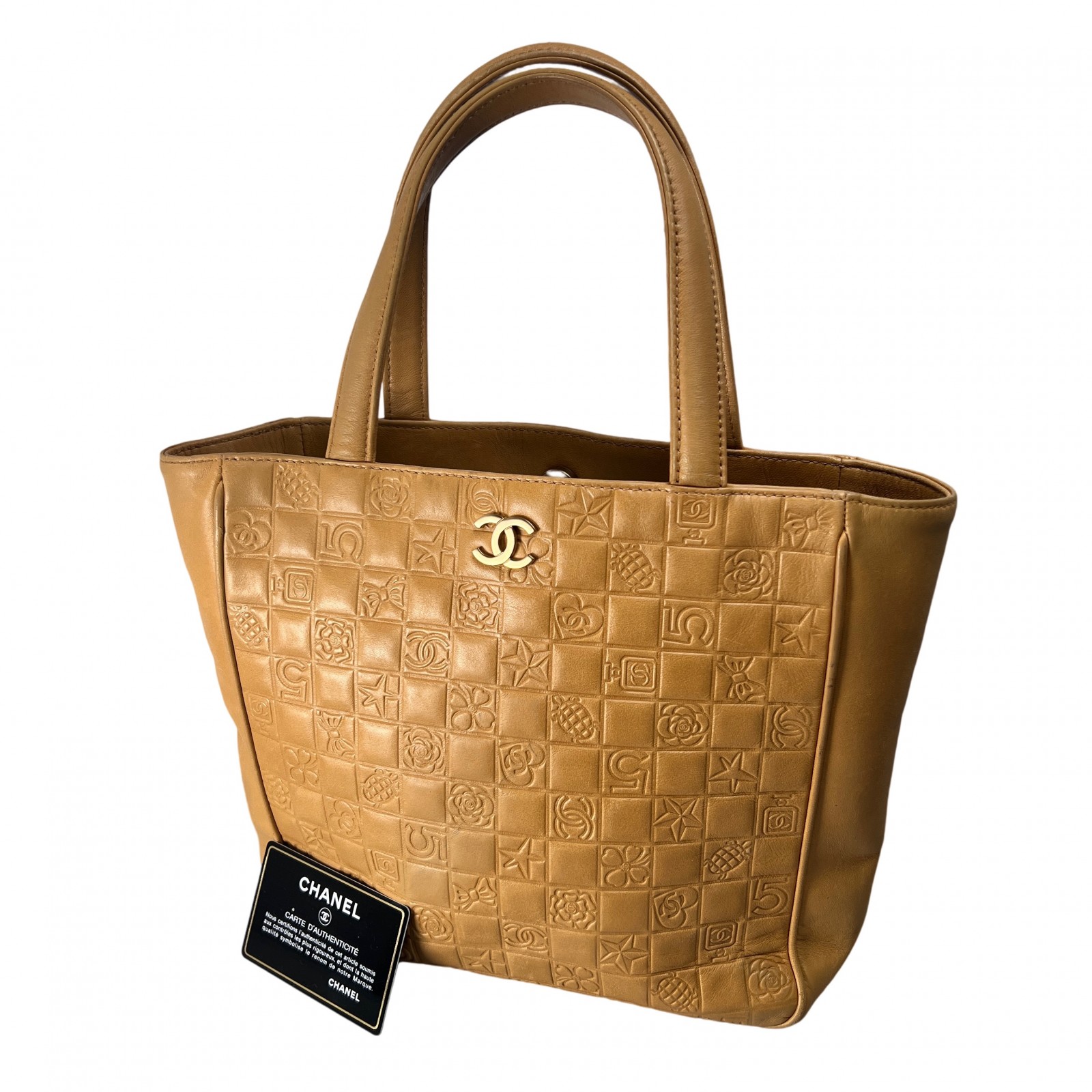 CHANEL シャネル チョコバー ココマーク アイコン レザー ハンドバッグ ベージュ A-13982