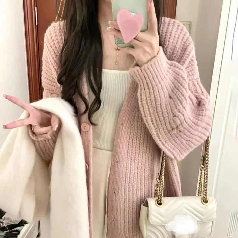 女性用Vネックニットカーディガン,長袖ジャケット,ルーズ,パーティー,カジュアル,暖かい,秋と冬 - 200000345
