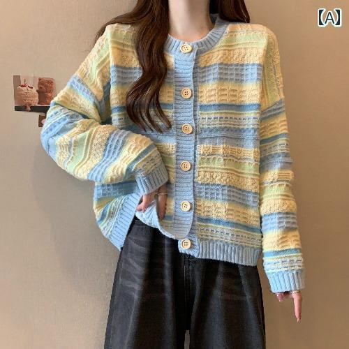 大きサイズ カラー ブロック ストライプ カーディガン セーター 女性 春新し 緩 スタイル ショート ニット ジャケット