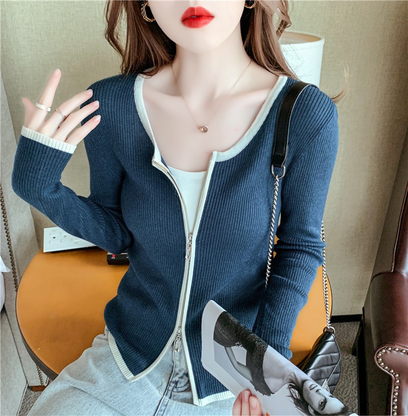 デザイン感ダブルファスナー長袖tシャツ女性ニット秋の薄いタイプのスリム韓国版洋気気気気機シャツ女性 最前線の 人気ブランドの
