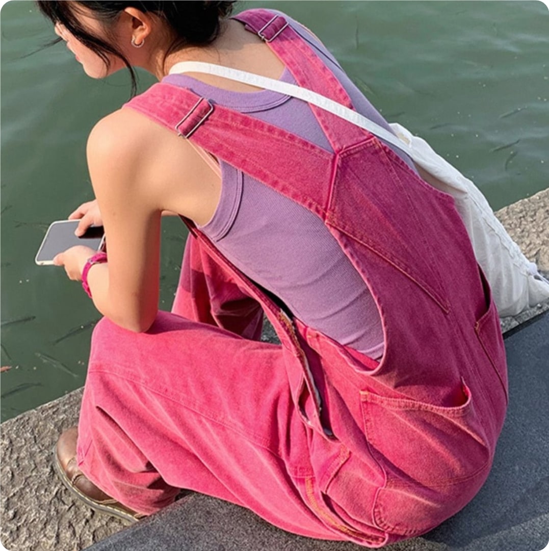 オールインワン サロペット 2024 新品 ローズカラー パープル ワイドパンツ カラーデニムオーバーオール 4,697円