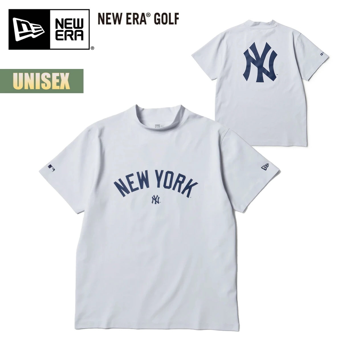 ゴルフ 半袖 ミッドネック Tシャツ MLB ニューヨーク・ヤンキース ホワイト ワードマークロゴ 吸汗速乾 UVカット 抗菌 鹿の子 ユニセックス 白 NY 14859923 2026 SS 正規品