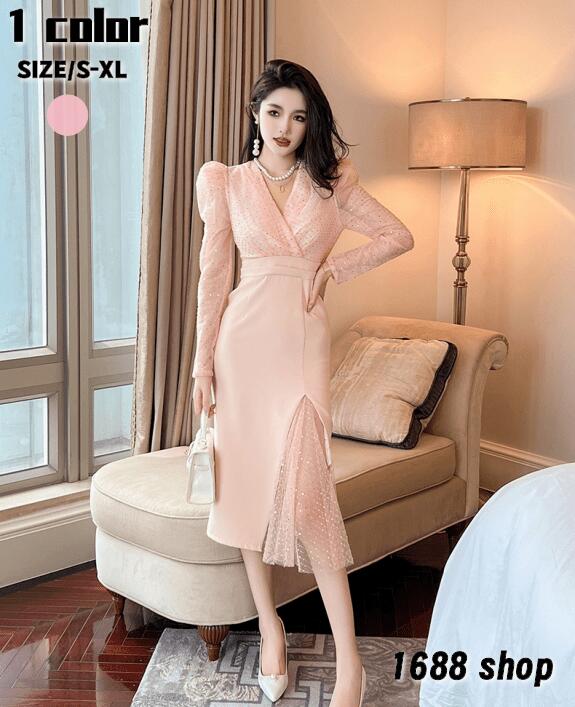 お見逃しなく2025 タイトワンピース 姫系ワンピース　シンプル　ワンピース インポート ひざ丈 ミドル丈 エレガント　韓国ファッション シンプル Vネック パーティドレス 長袖　お嬢様 セクシー ミ
