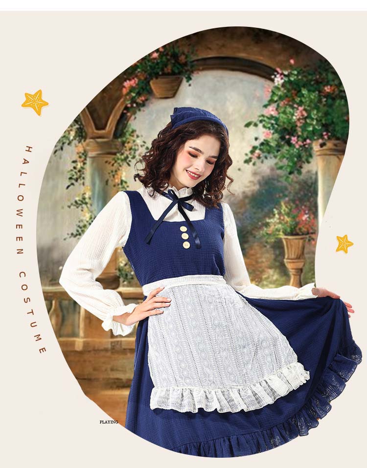 ハロウィン コスプレ 仮装 伝統民族 メイド服 ビール祭り衣装 カジュアル セット 女性 大人 メイド人 ロング丈 レディース 女性用 アリス風 田園 農園 油絵風 紺碧 写真 かわいい コスチューム