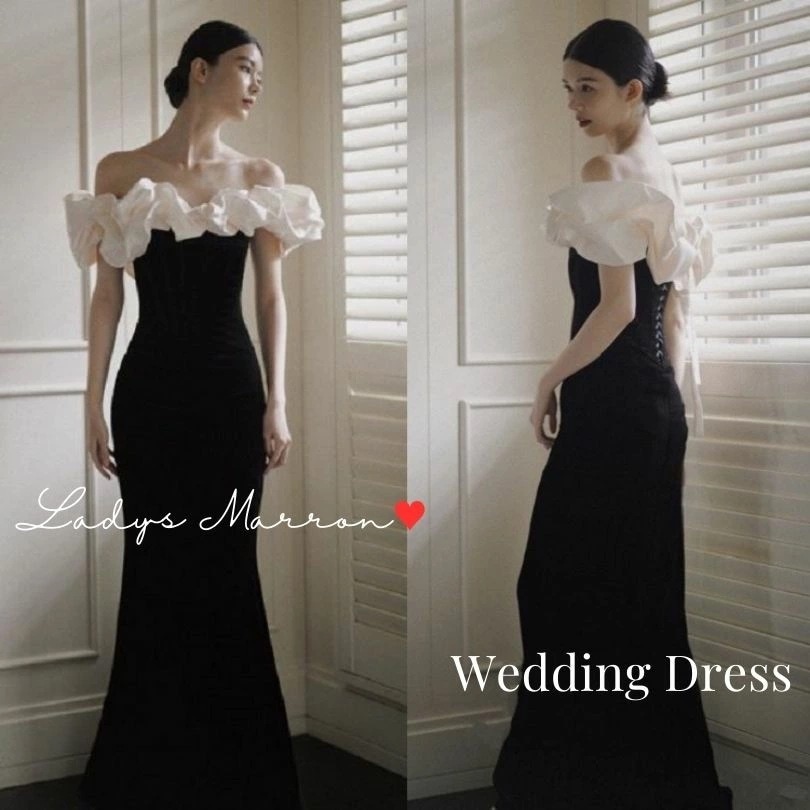 【即納】ウェディング ドレス マーメイド 黒 オフショルダードレス 花嫁 前撮りドレス かわいい 花嫁二次会ドレス フォトウェディング 二次会ドレス 韓国 無地 マーメイドライン 春 夏 秋 冬 ロン