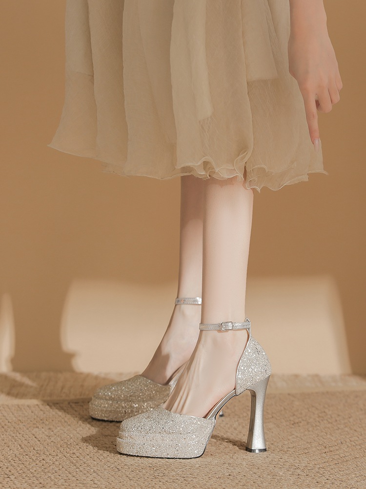 疲れない足メアリージェン花嫁主ウェディングドレス靴太ヒール厚底神器防水台ハイヒール女婚約クリスタル靴