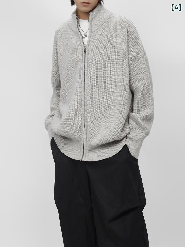 カーディガン メンズ レディース セーター ニット アメリカン レトロ ジッパー ジップアップ コート グレー グリーン ブラック