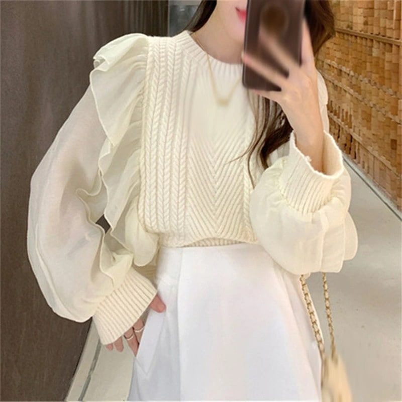 セーター レディース ニット トップス 切り替え プルオーバー リブニット ラウンドネック 通勤 シンプル 秋 冬 ファッション カジュアル 肌に優しい セクシー 女性 クルーネック フリルショルダー